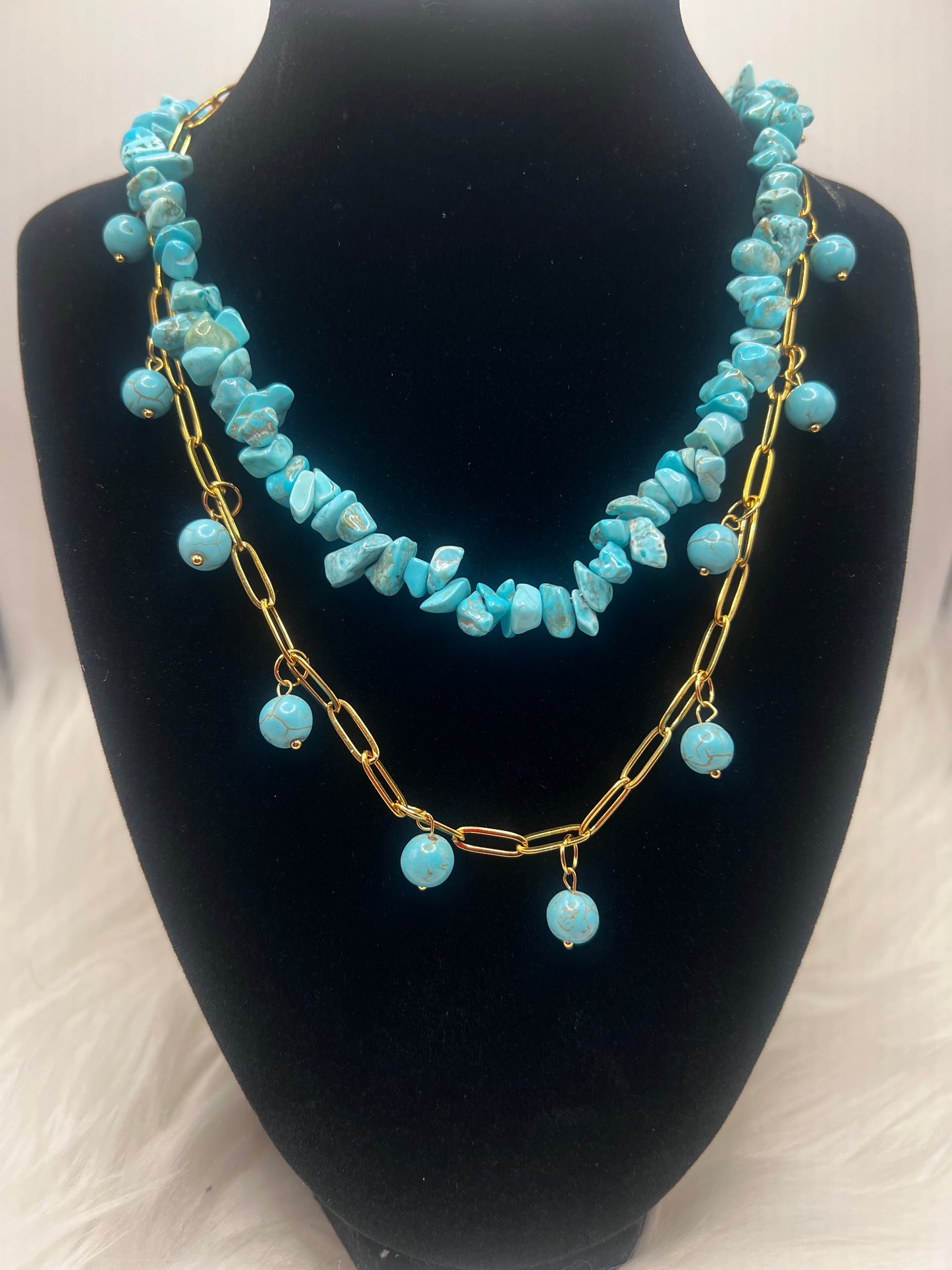 Turquoise Beaded Layered Necklace with Gold Stainless Steel Chain