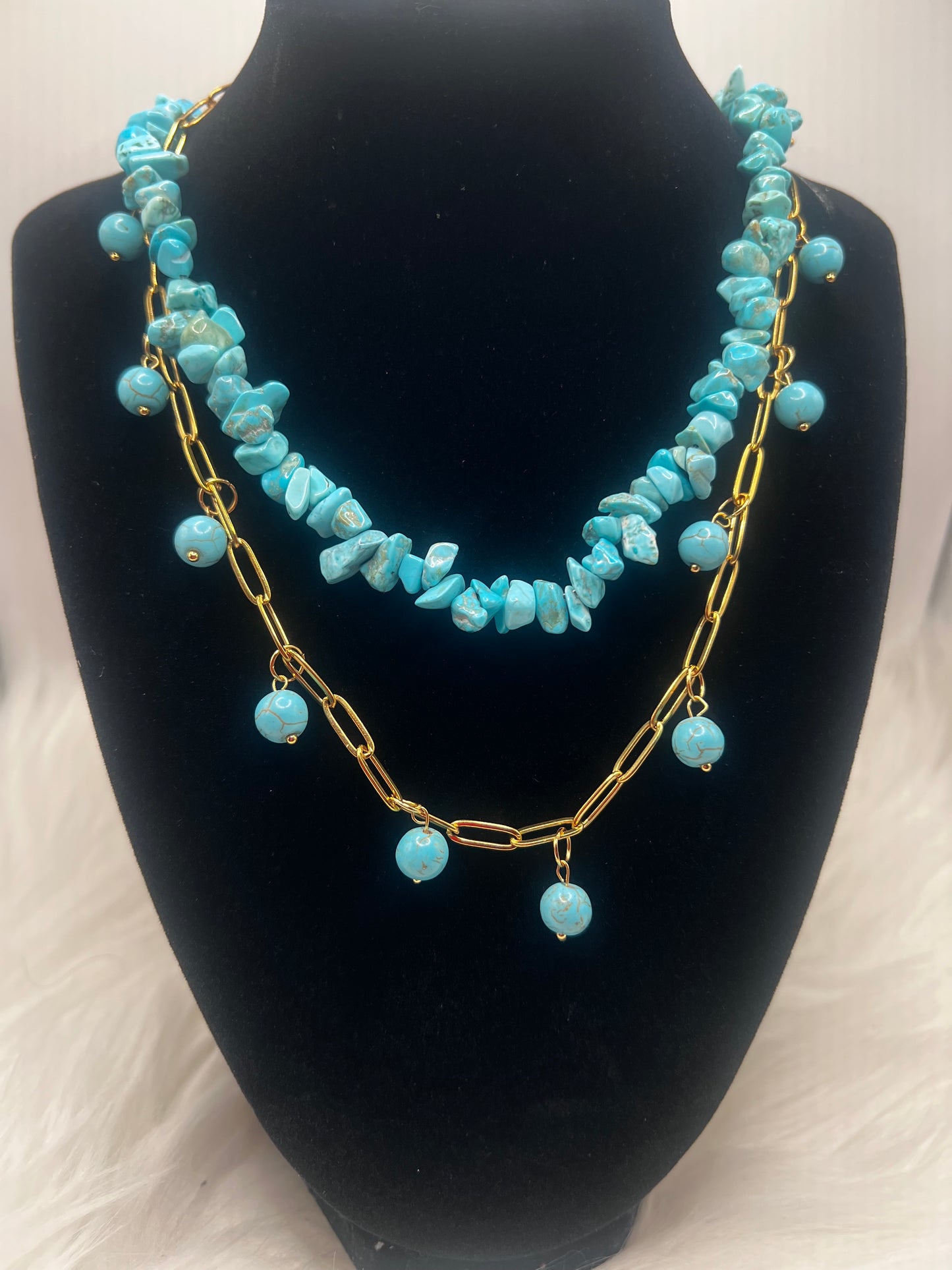 Turquoise Beaded Layered Necklace with Gold Stainless Steel Chain