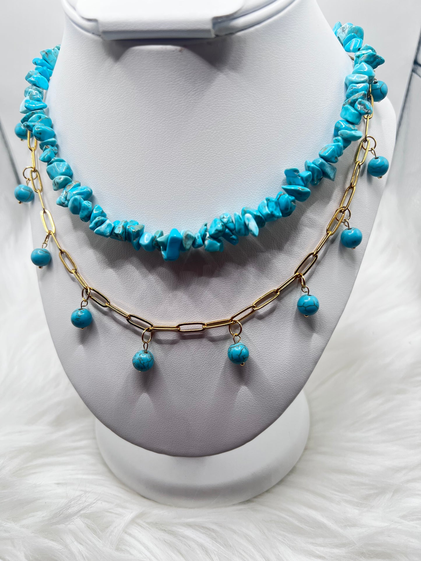 Turquoise Beaded Layered Necklace with Gold Stainless Steel Chain