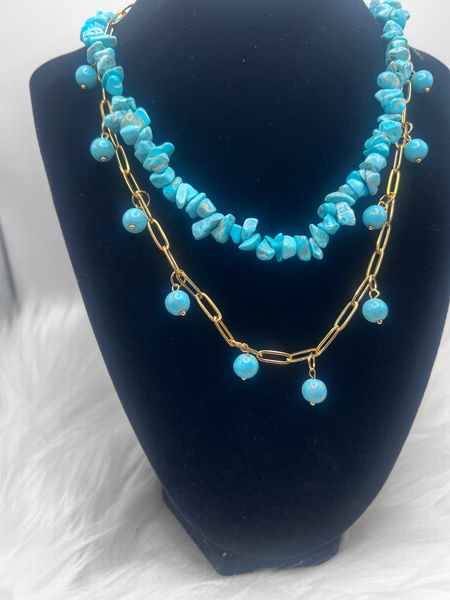 Turquoise Beaded Layered Necklace with Gold Stainless Steel Chain