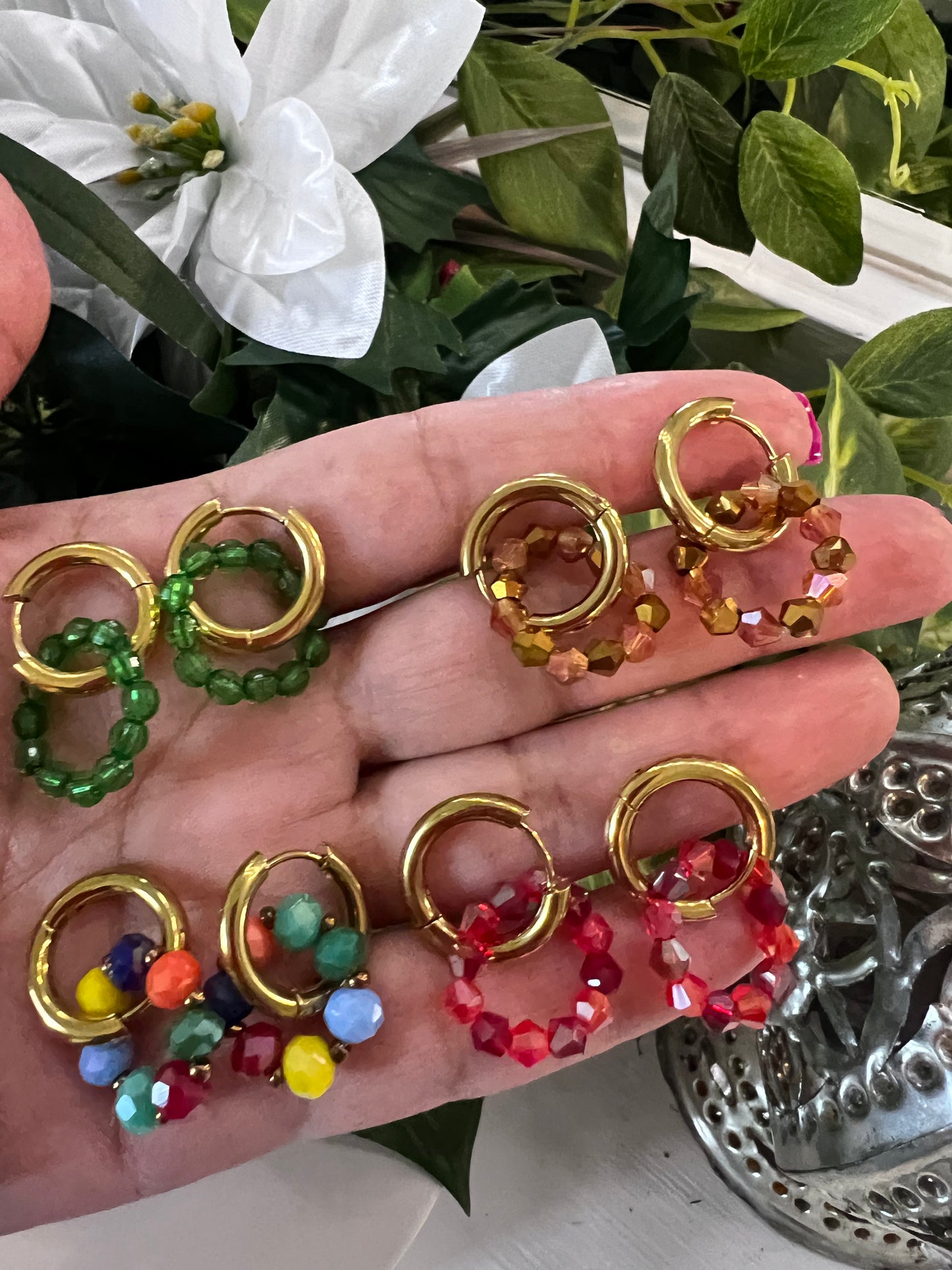 Colorful Crystal Bead Hoop Earrings – Gold Stainless Steel set of 5