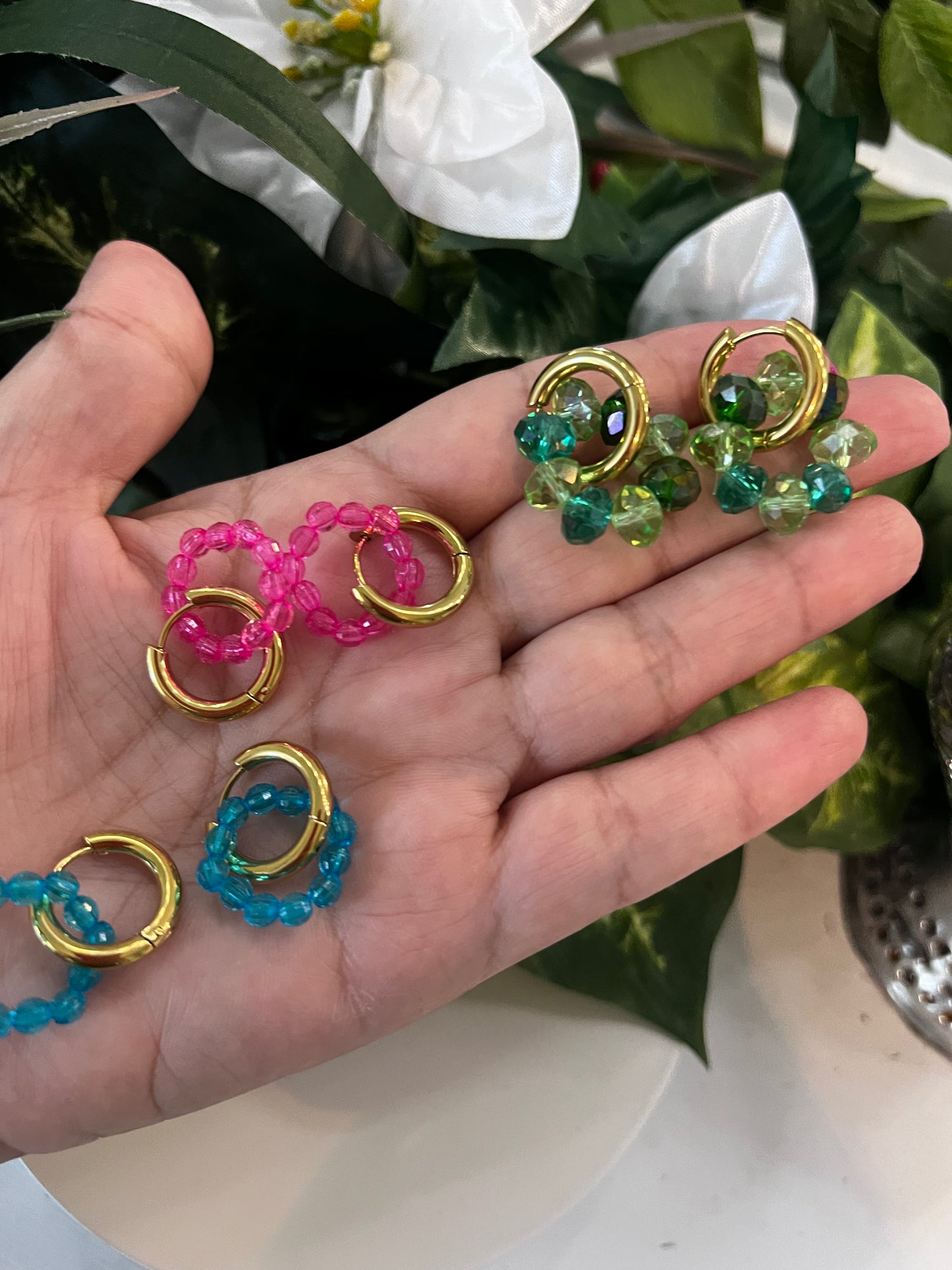 Colorful Crystal Bead Hoop Earrings – Gold Stainless Steel set of 5