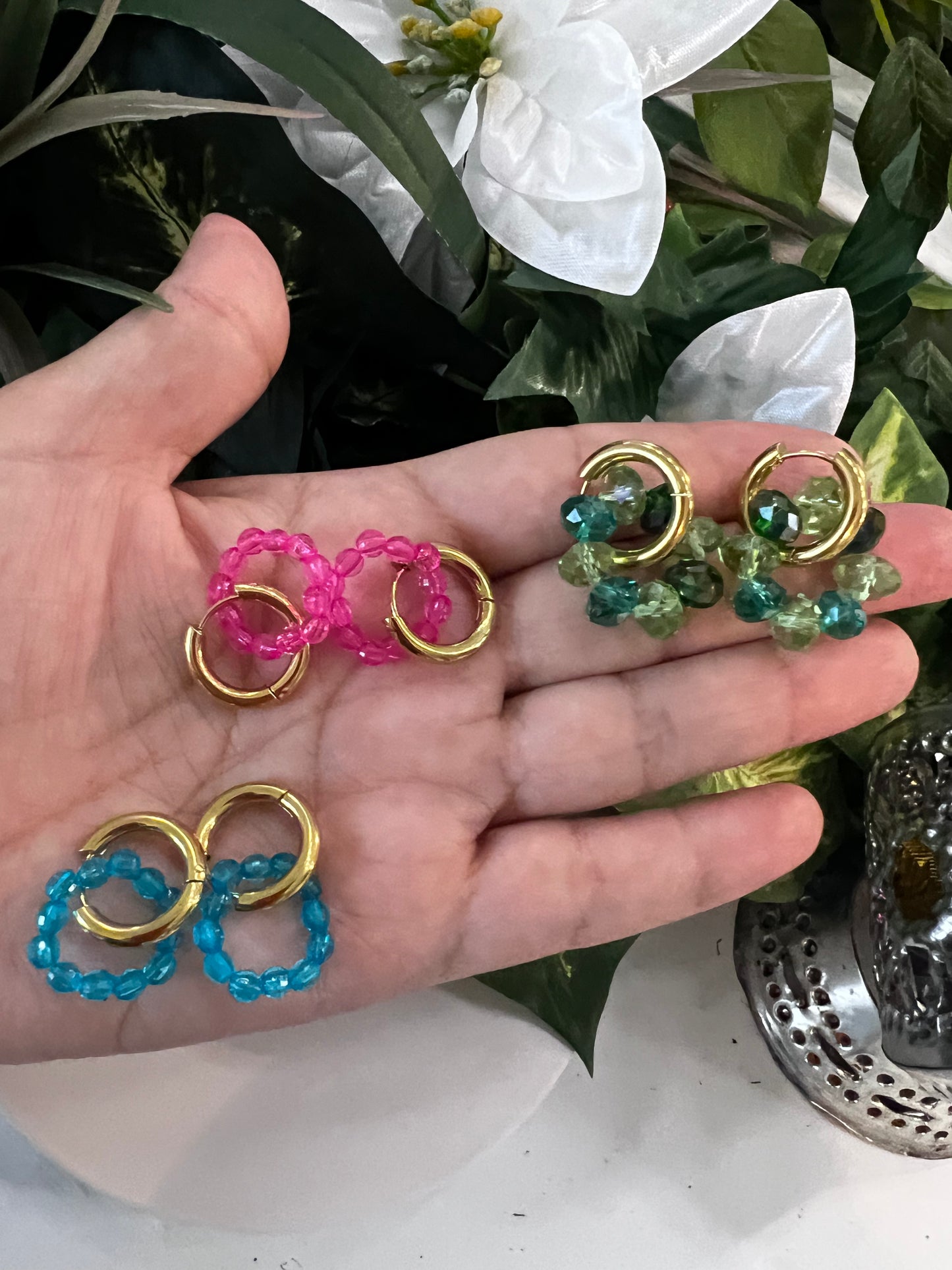 Colorful Crystal Bead Hoop Earrings – Gold Stainless Steel set of 5