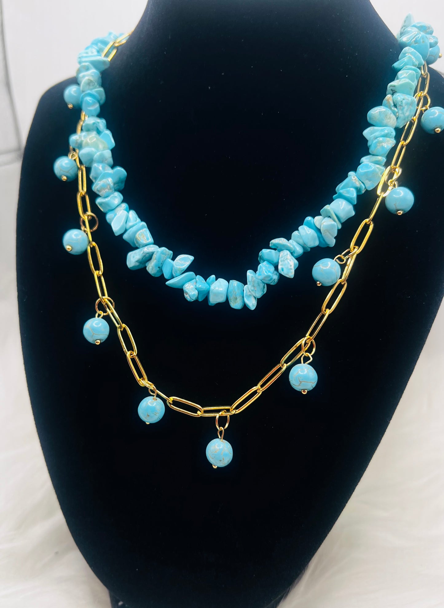 Turquoise Beaded Layered Necklace with Gold Stainless Steel Chain