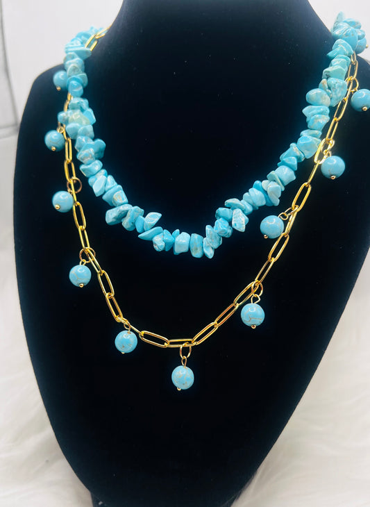 Turquoise Beaded Layered Necklace with Gold Stainless Steel Chain