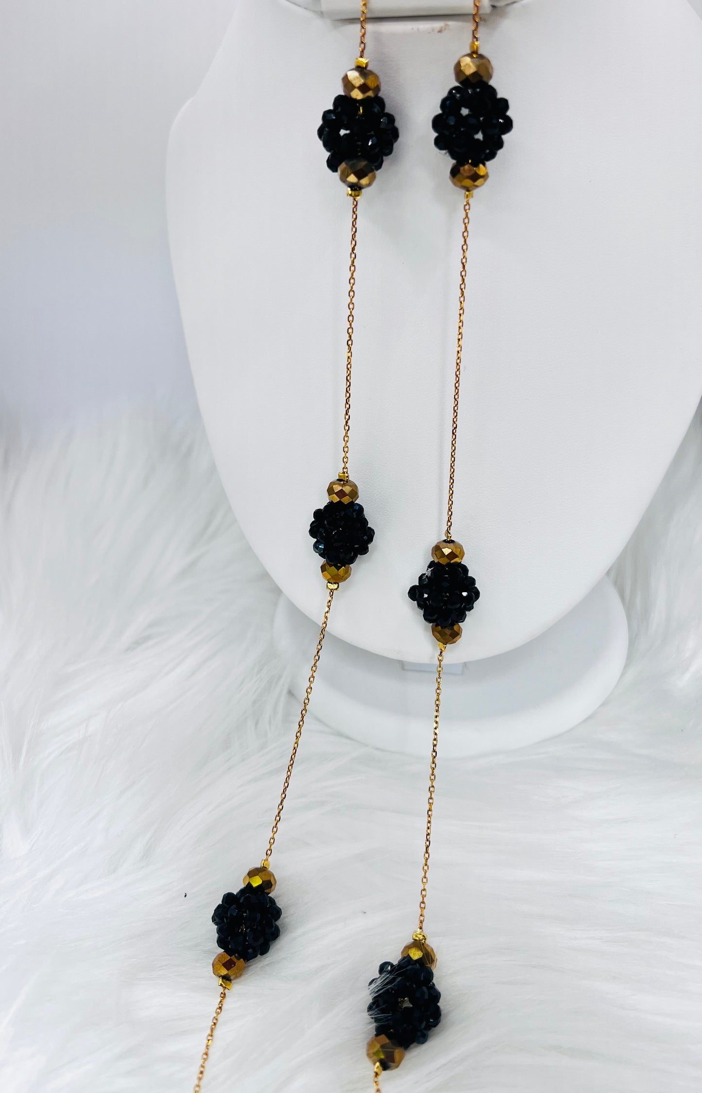 Black Crystal Cluster Y-Necklace – Gold Plated Stainless Steel