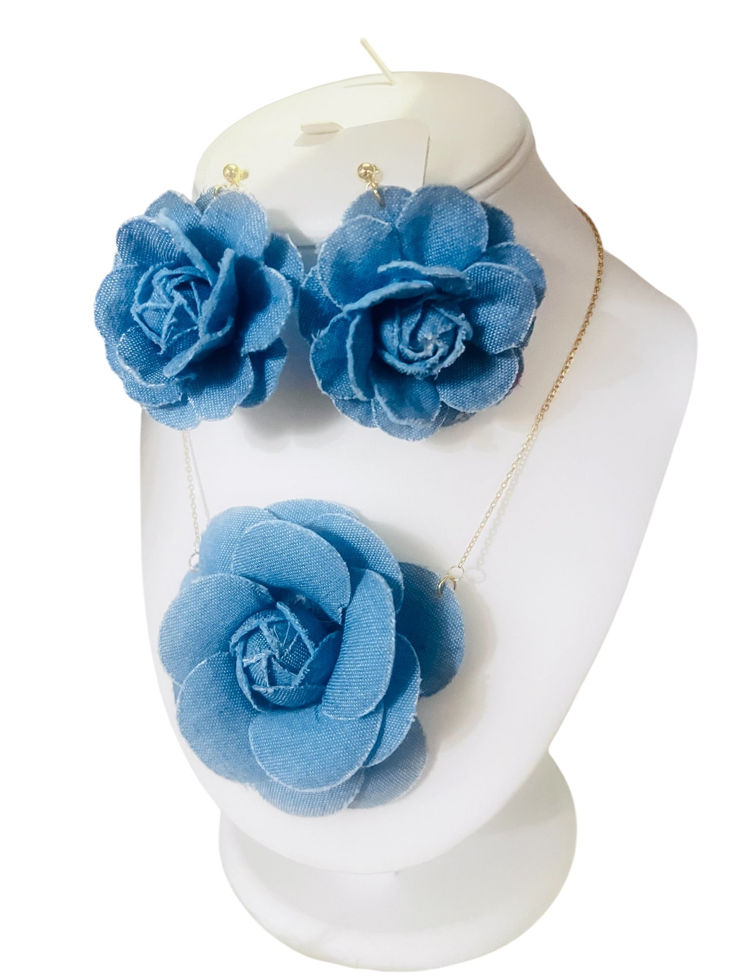 Denim Rose Jewelry Set with Gold-Plated Stainless Steel Chain