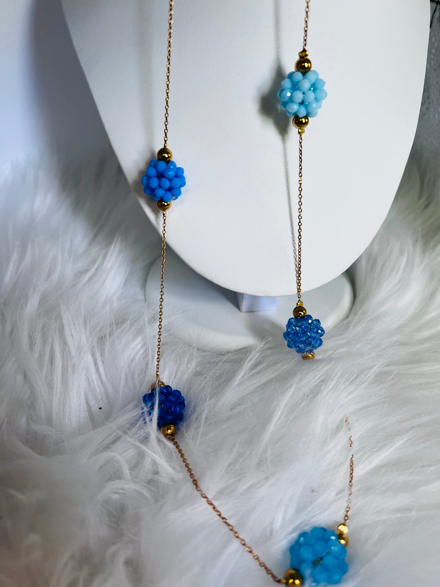 Blue Crystal Cluster Y-Necklace – Gold Plated Stainless Steel