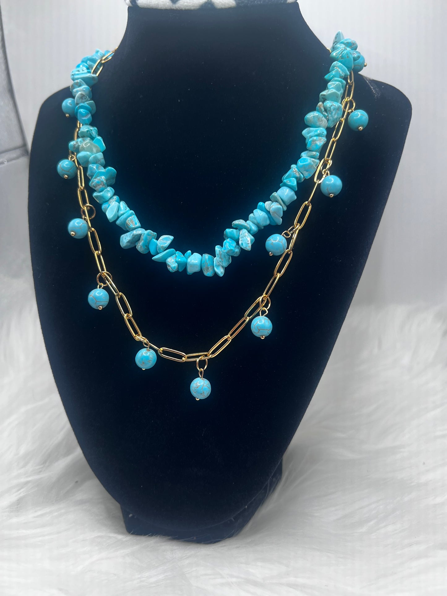 Turquoise Beaded Layered Necklace with Gold Stainless Steel Chain
