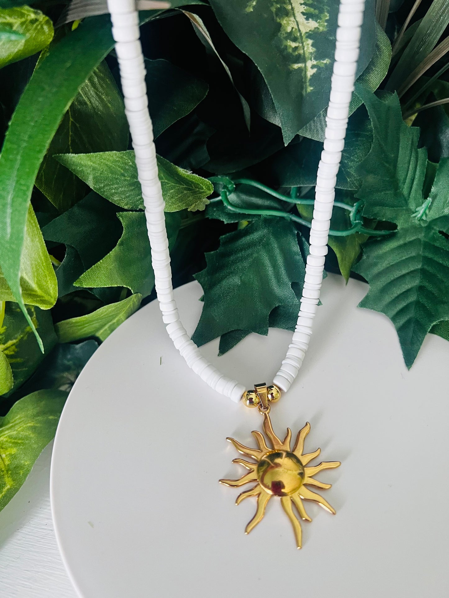 Radiant Sunburst Necklace with Gold-Plated Stainless Steel Pendant and white Heishi Beads