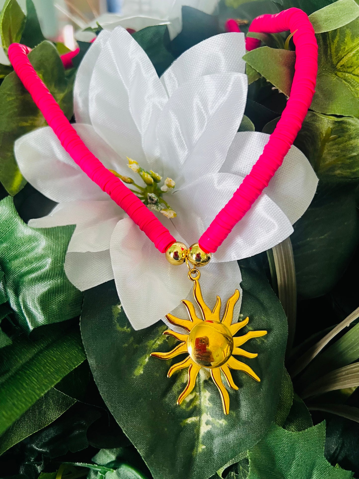 Radiant Sunburst Necklace with Gold-Plated Stainless Steel Pendant and Pink Heishi Beads