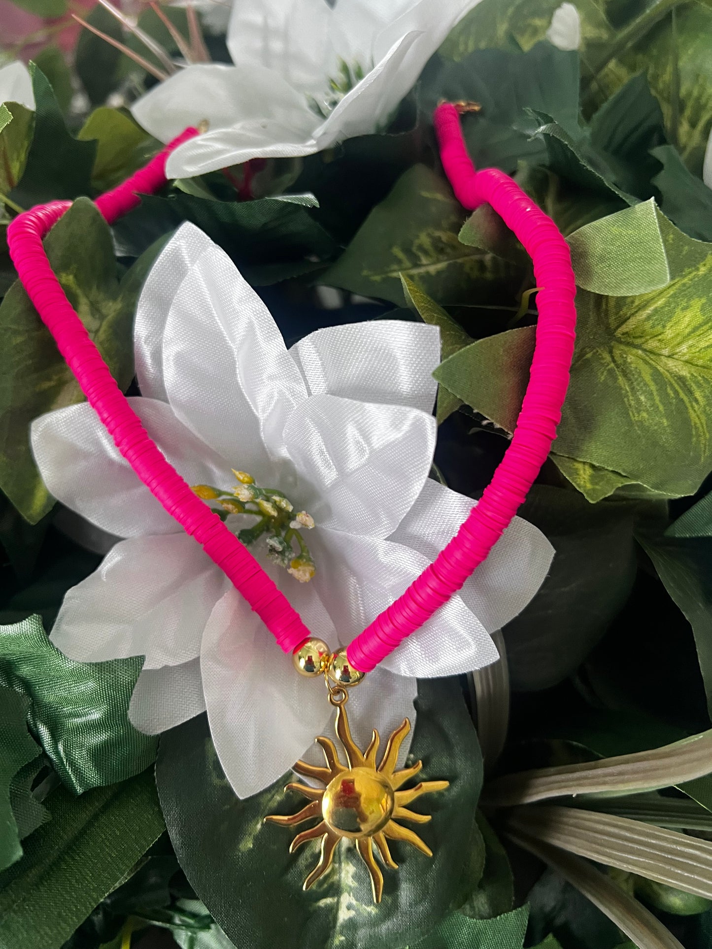 Radiant Sunburst Necklace with Gold-Plated Stainless Steel Pendant and Pink Heishi Beads