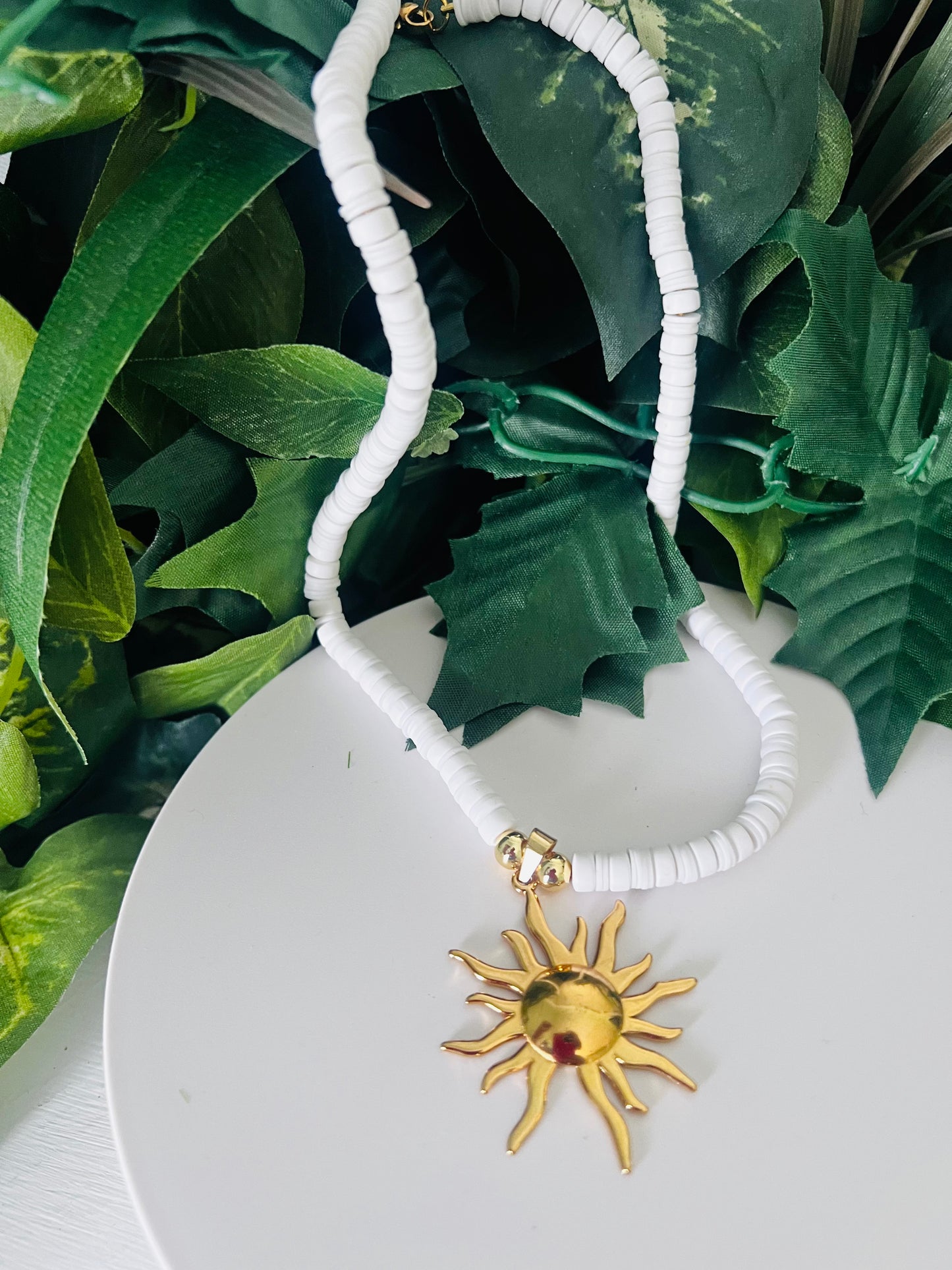 Radiant Sunburst Necklace with Gold-Plated Stainless Steel Pendant and white Heishi Beads