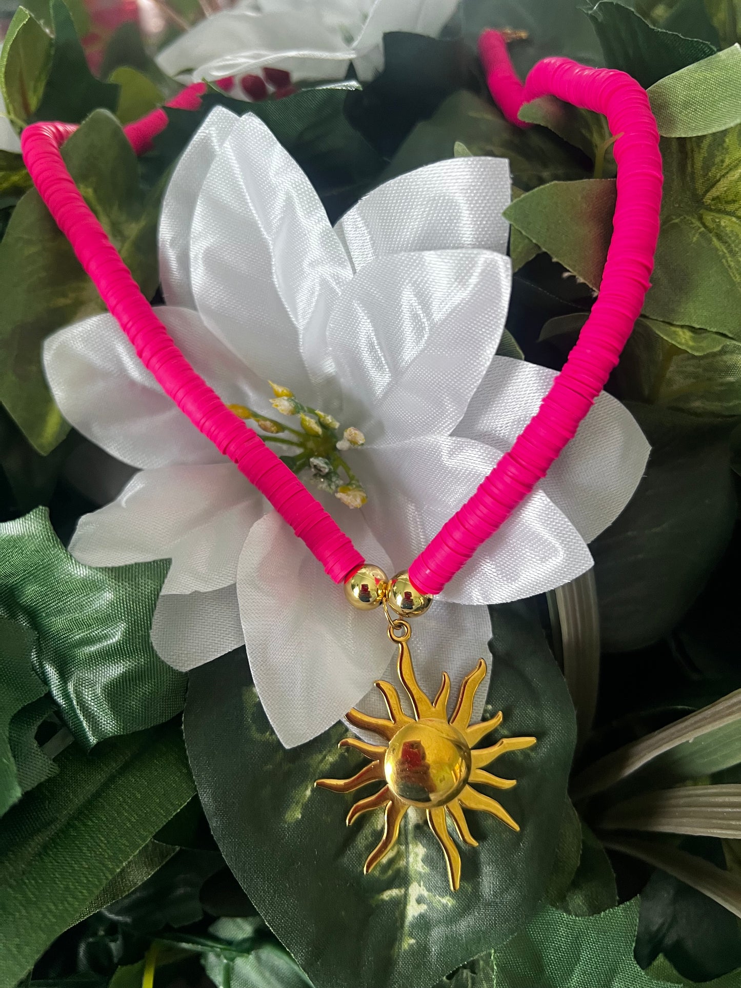 Radiant Sunburst Necklace with Gold-Plated Stainless Steel Pendant and Pink Heishi Beads