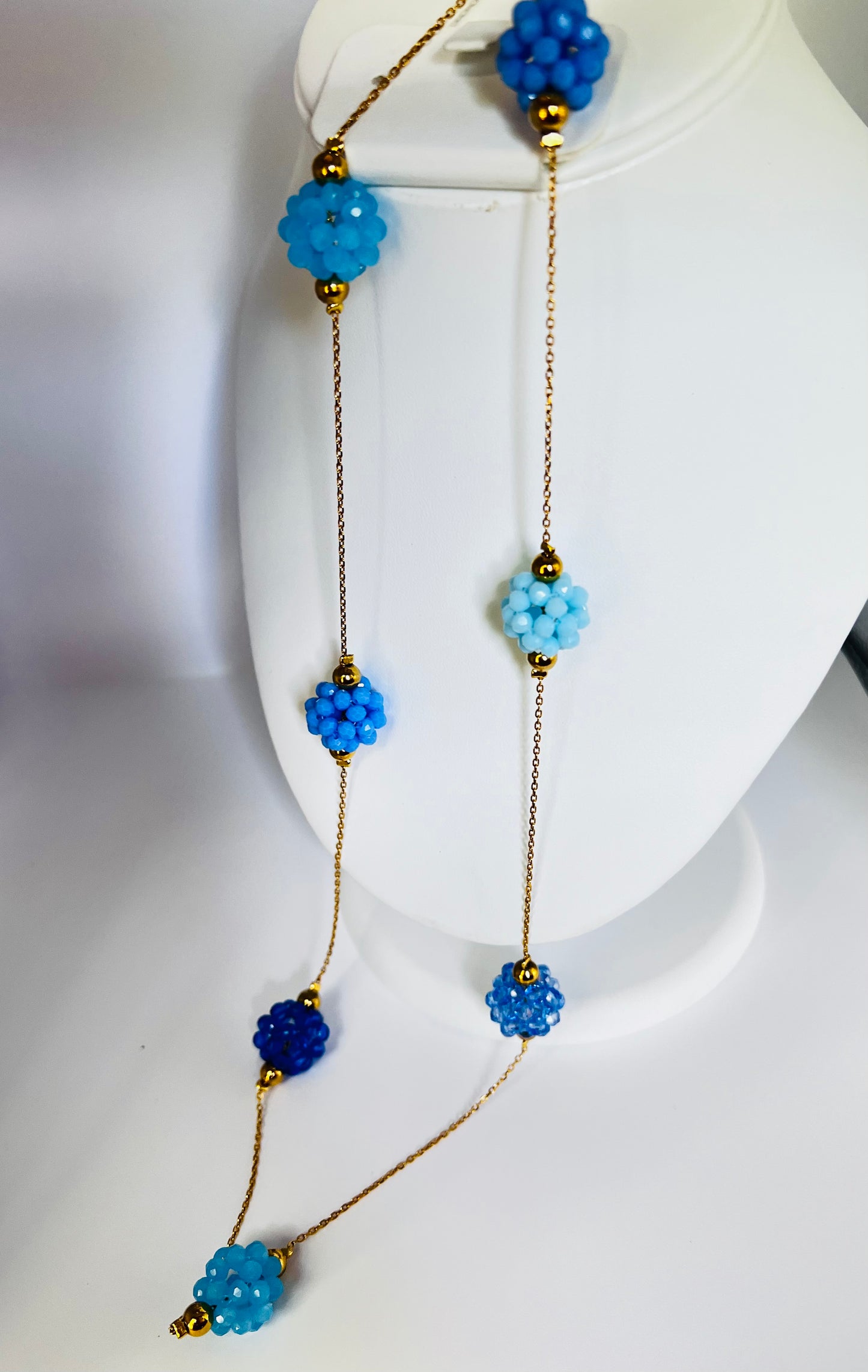 Blue Crystal Cluster Y-Necklace – Gold Plated Stainless Steel