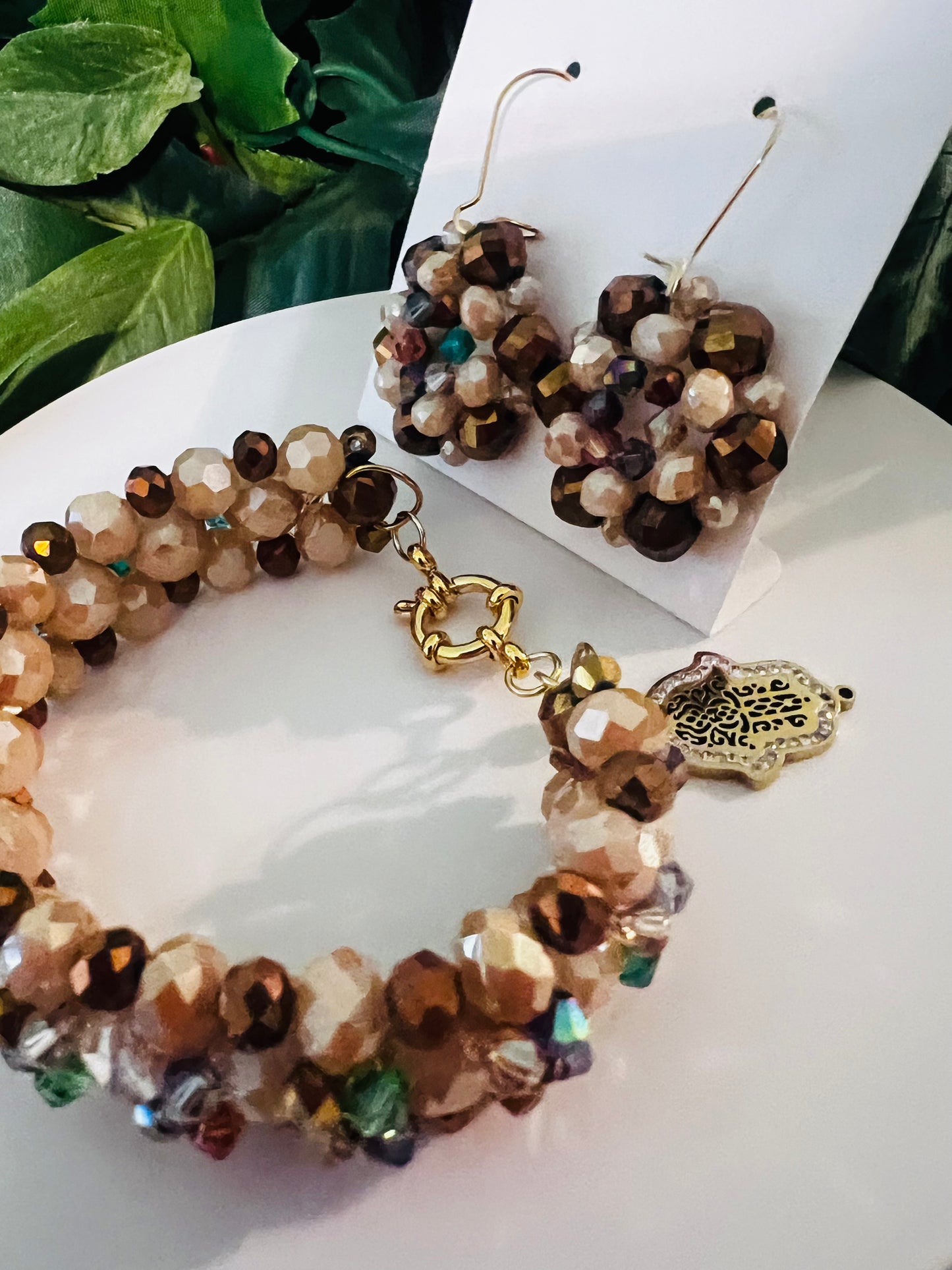 Earthy Glow Crystal Bead Jewelry Set with Hamsa Charm