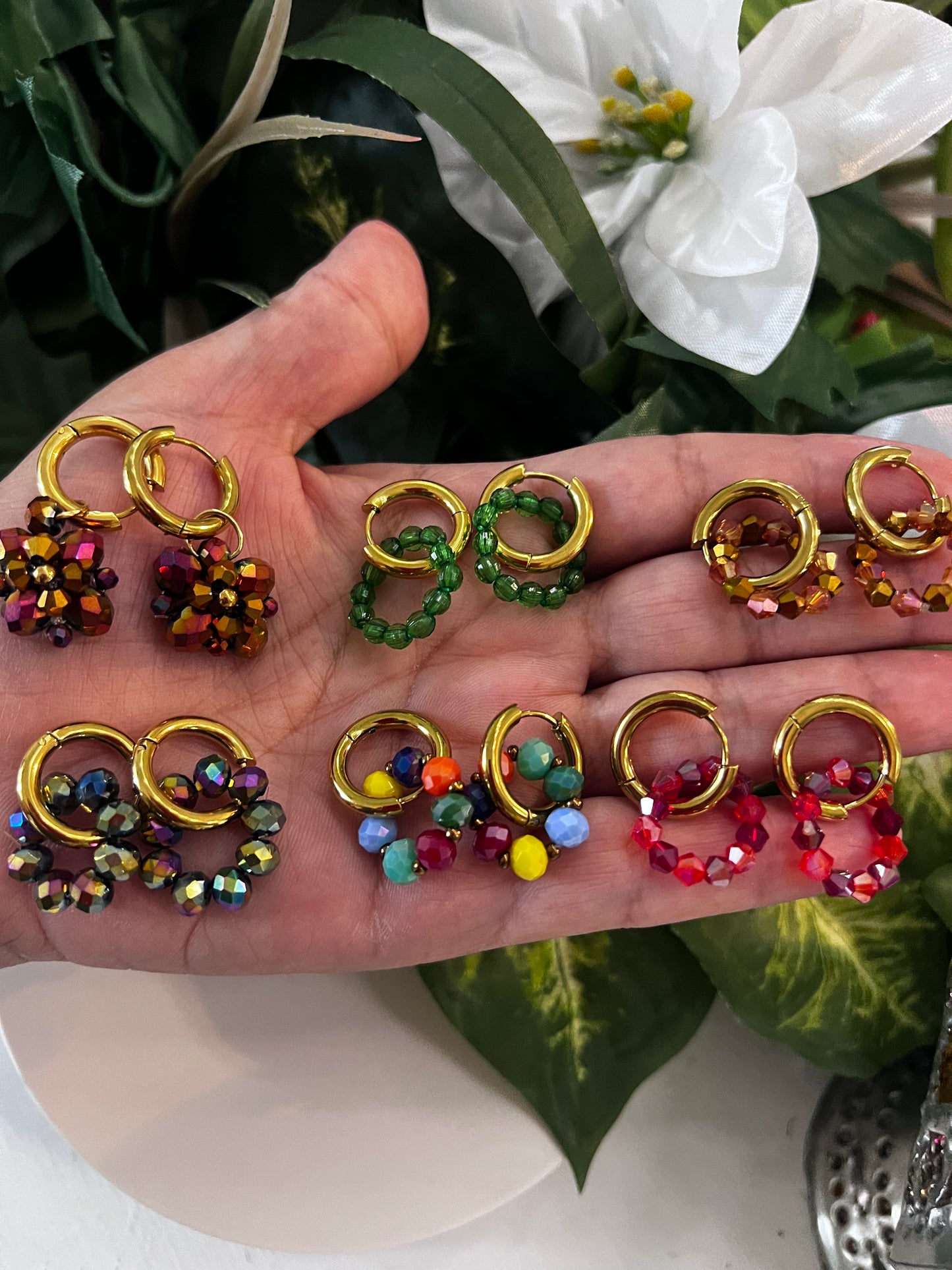 Colorful Crystal Bead Hoop Earrings – Gold Stainless Steel set of 5